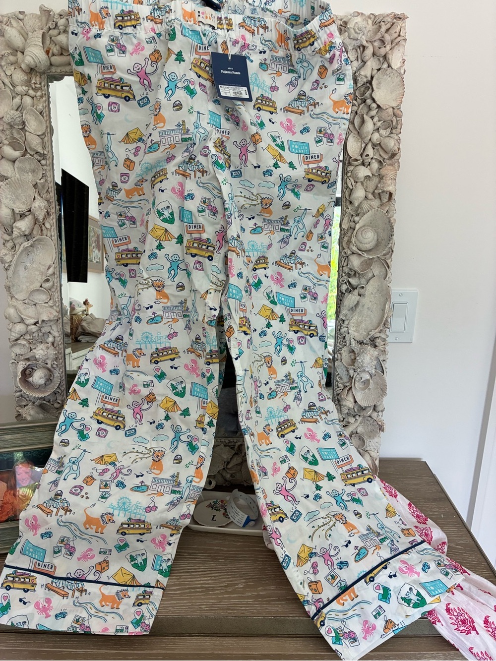 Roller Rabbit White Pajama Pants with Teal, Orange, Pink & Yellow Prints